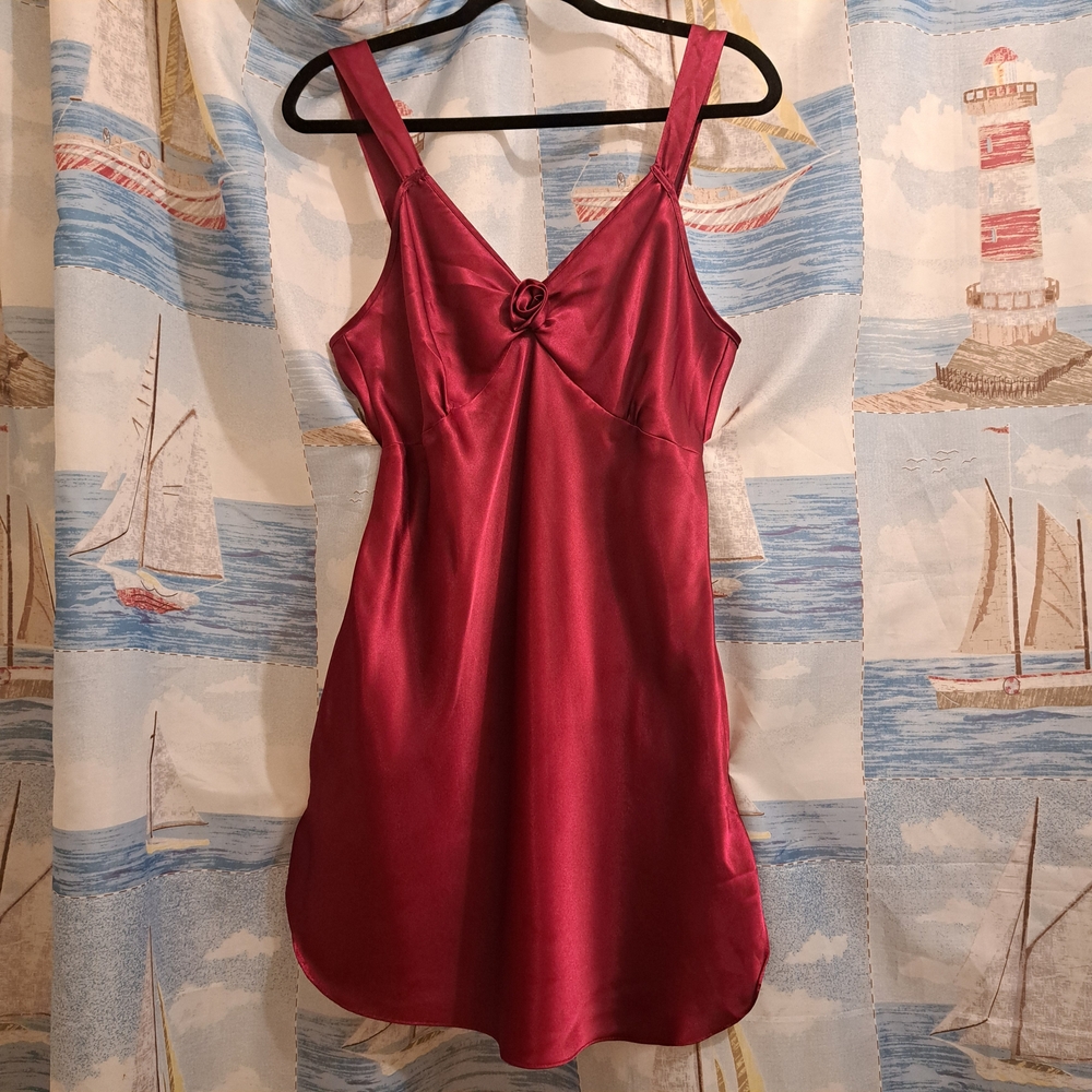 Valentine's Day Gift Elegant Satin Chemise with Rose Accent - Red Sexy Romantic